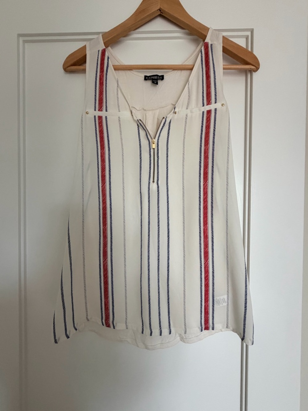 Express Cream Striped Sleeveless Zip-Front Tank with Red & Navy Accents